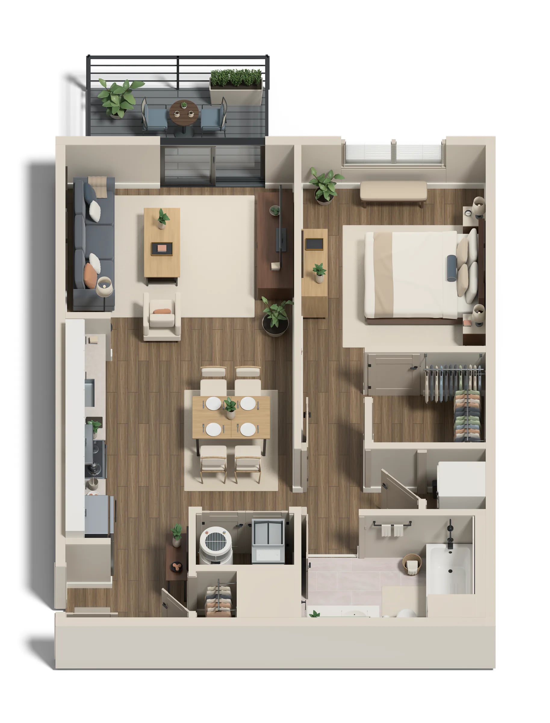A1.0 — one-bedroom apartment home, 3D cutaway view, Walnut & Navy finishes (Scheme A)